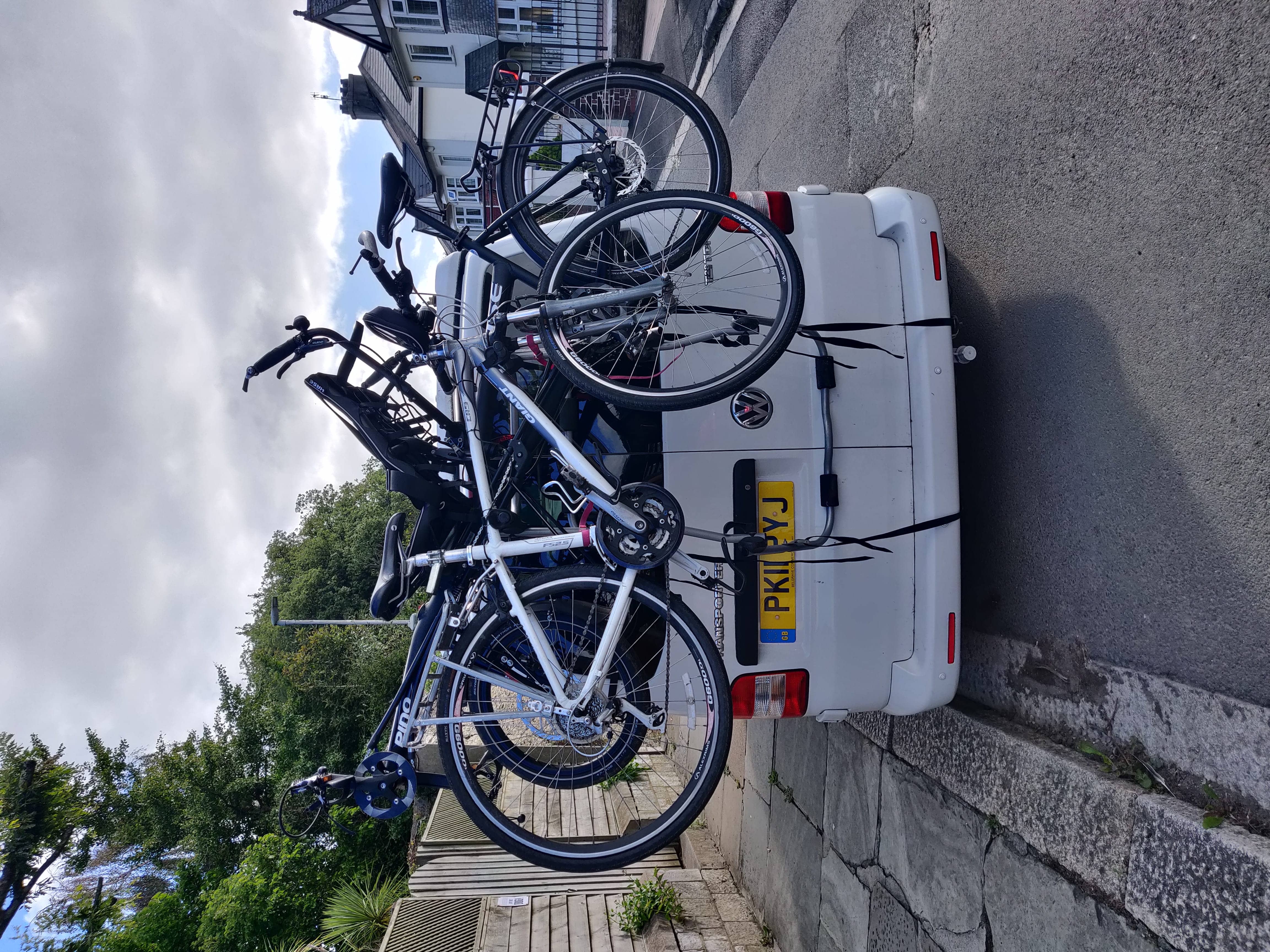 The Pino and Hannah’s bike loaded on the back of the van, it does overhang quite a lot!