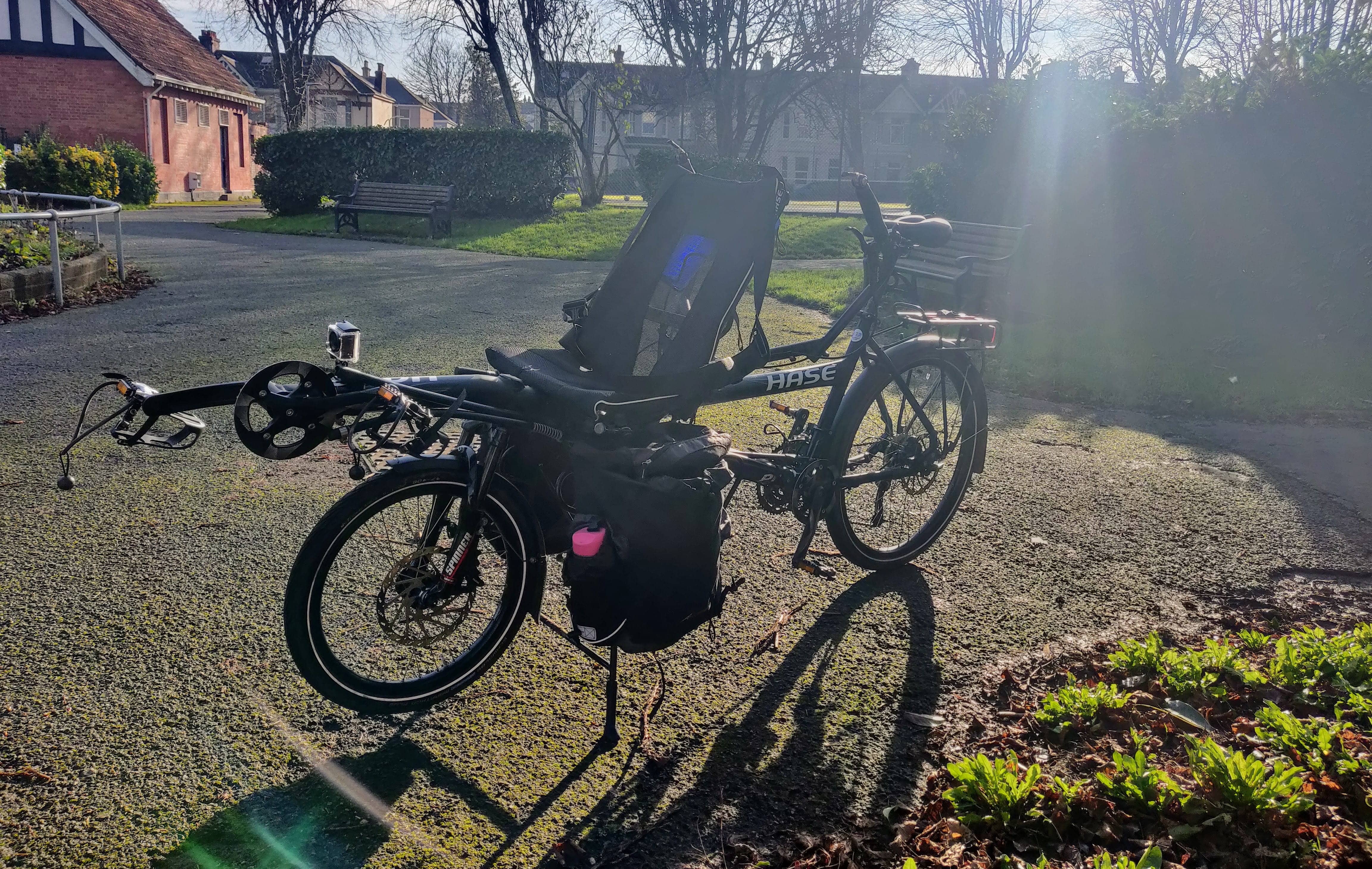 The lowrider pannier rack, with panniers loaded on. It’s possible to get another two panniers onto the rack